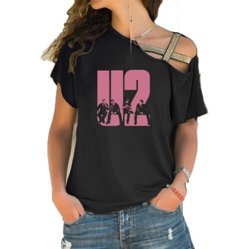 New Summer Lovely U2 band printing T Shirt Women Short Sleeve Hip Hop Rock Girls T-shirt Irregular Skew Cross Bandage Tee Tops