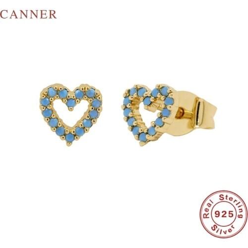 CANNER Real 925 Sterling Silver Earrings For Women Simple Turquoise Heart Shape Stud Earrings Zircon Diamond Jewelry Pendientes