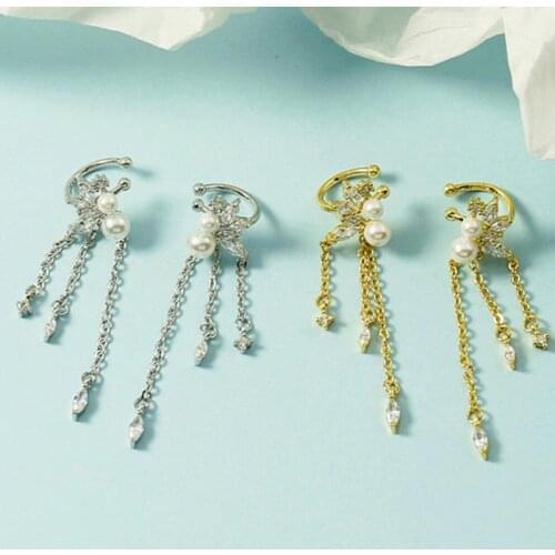 KOFSAC Exquisite Elegant Pearl Flower Long Tassel Clip Earrings For Women 925 Sterling Silver Non Pierced Ears Jewelry Girl Gift