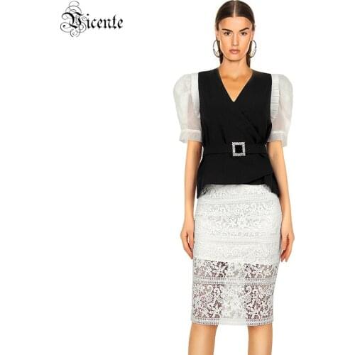 VC All Free Shipping New Chic White Lace Color Block Sashes Tops Skirt Two Pieces Suit V Neck Party Wear Elegant Vestido