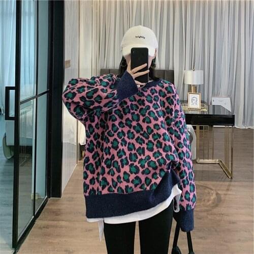 Retro chic leopard print loose oversize sweater spring lazy style casual fashion tops outgoing chic streetwear 2021 new arrival