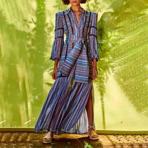 Women Vintage Maxi Summer Dress Stripe Lantern Sleeve High Waist Belt Long Holiday Dress