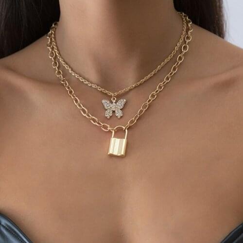 Gold Chain Choker Necklace for Women Double-layer Lock Butterfly Pendant Necklace Statement 2021 Silver Color Hip Hop Jewelry