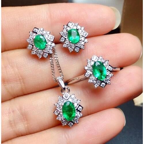 Hot Sale Natural Real Emerald Set 925 Sterling Silver 1pc Emerald Ring,2pcs Emerald Earring,1pc Emerald Pendant