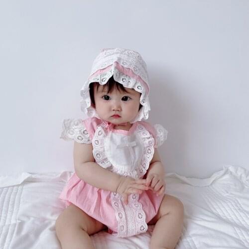Sweet Princess Romper Clothes Summer Newborn Baby Girl Short Sleeve Lace Jumpsuits+Kids Cap 2Pcs Set Toddler Soft Cotton Outfits