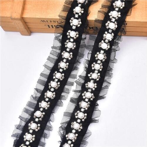 2 yard/lot black sewing on lace beaded Fancy handmade pearl glass beads lace garment sew on bead rhinestone trim