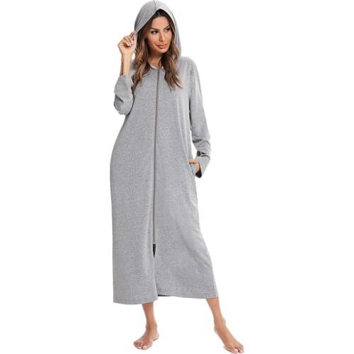 2021 Pajama Zip-Up Robe Womens Full-length Hooded Sweatshirt For HomeWear With Pockets