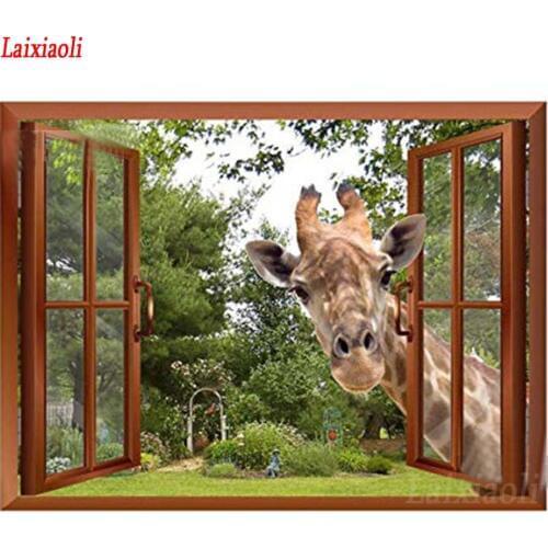 Full Square/Round 5D Diy Diamond Painting giraffe Cross Stitch "Window Scenery " Diamond 3D Embroidery Mosaic Home Decoration