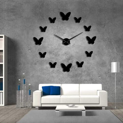 Frameless DIY Silent Large Wall Clock 3D Mirror Butterflies Wall Watch Clock For Living Room Bedroom Home Decor Big Time Clock