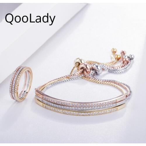 QooLady 2019 New Arrival Adjustable Cubic Zirconia Bangles Bracelets Rings Sets for Fashion Women Party Jewelry Accessories Z001