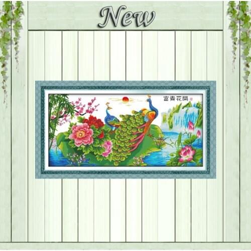 Flower blooming peacock decor painting counted print on canvas DMC 14CT 11CT chinese Cross Stitch Needlework Set Embroidery kits