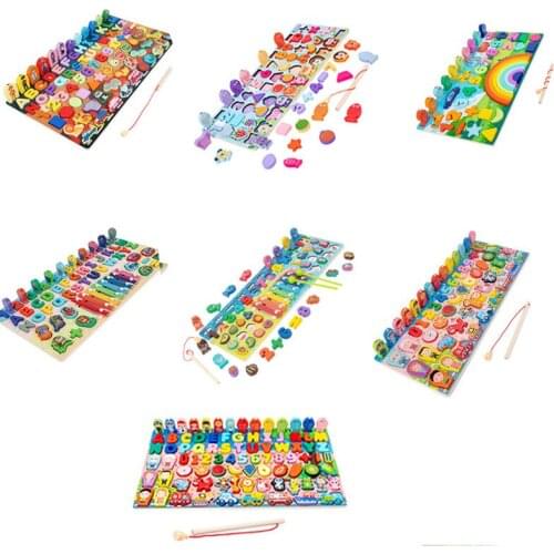 Wooden magnetic fishing logarithmic board English traffic animal childrens educational early education matching toys