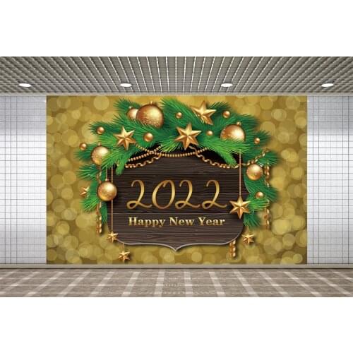 Lyavshi 2022 Happy New Year Family Party Photography Backdrop Gold Light Bokeh Pine Leaves Christmas Bells Star Decor Background