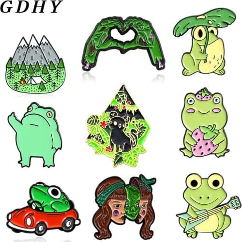 GDHY Brooch Green Frog Pepe Cat Paw Enamel Pins Zombie Skeleton Skull Fruit Drink Bottle Mountains Mask Alien Monsters Badge