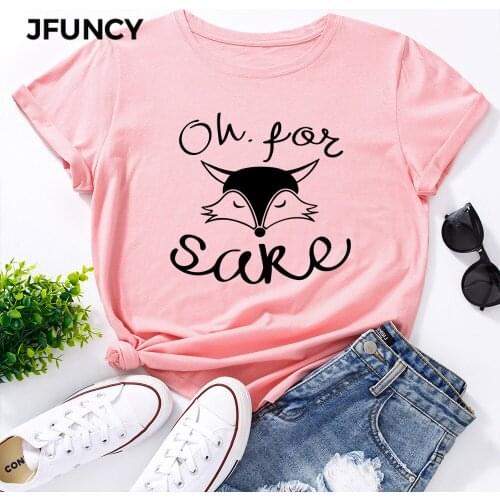 JFUNCY Black White Fox Print Women Tops Plus Size Cotton T-shirt Summer Short Sleeve Oversize Tshirt Female Loose Tee Shirts