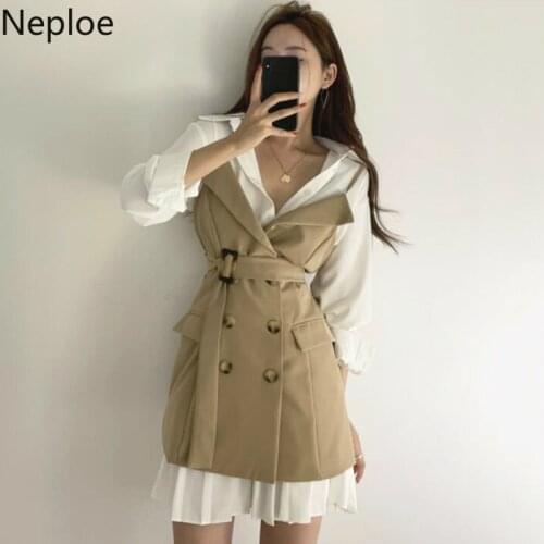 Neploe Chic Turn Down Collar White Blouse + Slim Waist Lace Up Double Breast Camis Dress Temperament Spring Autumn 2 Pcs Set