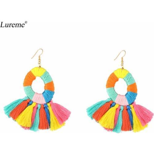 Lureme Bohemian Handmade Open Round with Thread Tassel Multicolor Earrings Dangling (er005614)