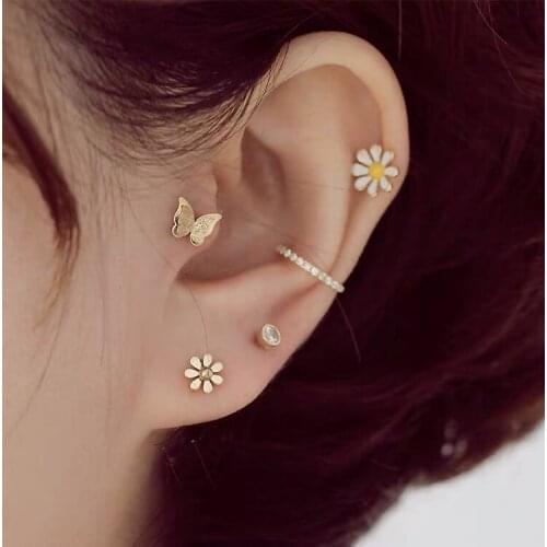 Fashion Stainless Steel Flower butterfly Gold Stud Earrings Screw Cartilage Earrings Helix Tragus Cute Piercing Jewelry