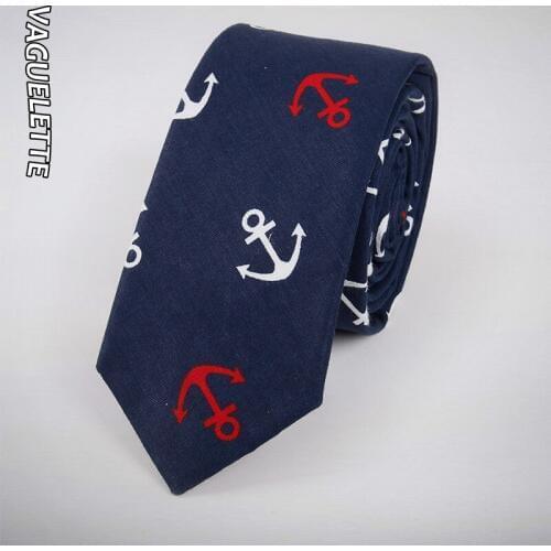 VAGUELETTE White/Blue Anchor Pattern Tie Men Handmade Cotton Necktie Slim Funny Fashion Mens Skinny Ties 145*6CM