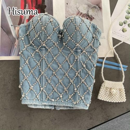 2021 summer new womens Retro rhinestones denim Tube top bra one piece belt pad wireless tube top female underwear Corset tops