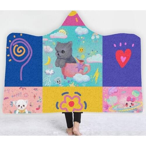 Teacup Cat Hooded Blanket Cartoon Animals Throw Blanket Sun/Light Bulb/Flower Fleece Blanket For Kids Home Wearable Blanket