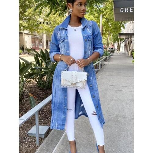 Autumn Women Sexy Ripped Denim Jackets 2021 Vintage Casual Long Jean Jacket Winter Female Long Sleeve Coat Streetwear Plus Size