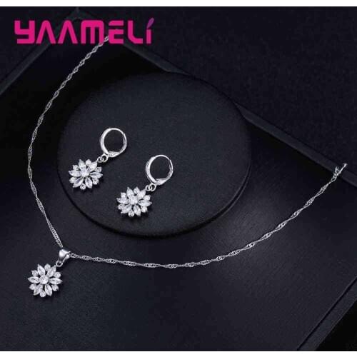 Luxury Flower Charm Necklace Earrings Set for Women Classic 925 Sterling Silver AAA Cubic Zircon Stone Jewelry Gift