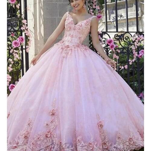 Pink Quinceanera Dress 2021 Flowers Appliques Sequins Beads Backless Party Princess Sweet 16 Ball Gown Vestidos De 15 Años