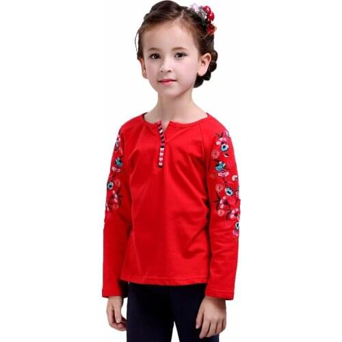Girl Shirt KIDS Knitted Long Sleeved Original Design National Wind Embroidery Placket Children 's Clothes For School Blouses