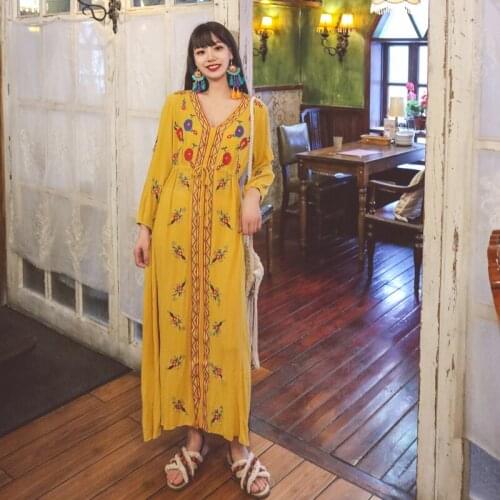 Bohemian Ethnic Vintage Retro National Style Heavy Embroidery Floral Long Sleeve V-neck Loose Cotton Linen Women Spring Dress
