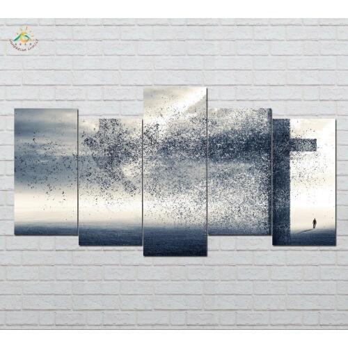 Wihte Pigeons Crossing Modern Canvas Art Prints Poster Wall Painting Home Decoration Artwork Wall Art Pictures 5 Pieces