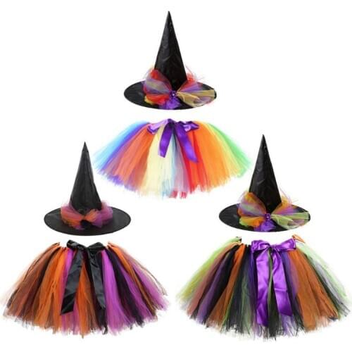 Parent-Child Women Girls Halloween Tutu Skirt with Witch Hat Rainbow Colorblock Tulle Bowknot Pettiskirt Party Cosplay Outfits