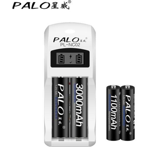 2019 PALO 2 Slots LCD HIgh Quality Smart Battery Charger For AA/AAA NiCd NiMh Rechargeable Batteries+2pcs AAA+2pcs AA Batteries