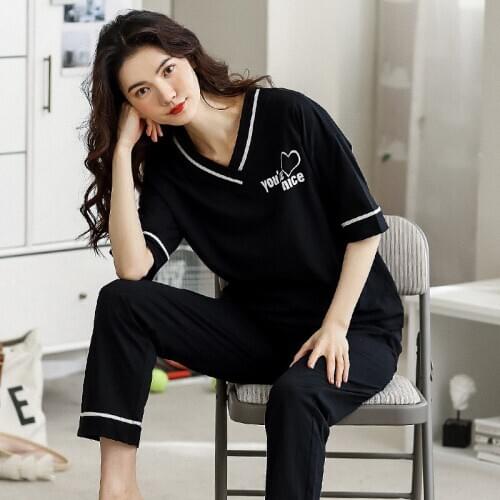 Womens Sleepwear Sexy Pajamas Sets short Sleeve Top + Pants Autumn Summer Cute 2 Pieces Pyjama Pj Sets Ladies Cute Homewear
