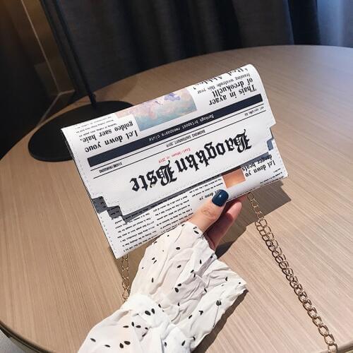Bag Womens 2020 New Fashion Korean-Style Cool Newspaper Fashion Chain Shoulder Small Square Bag Retro Casual Messenger Bag