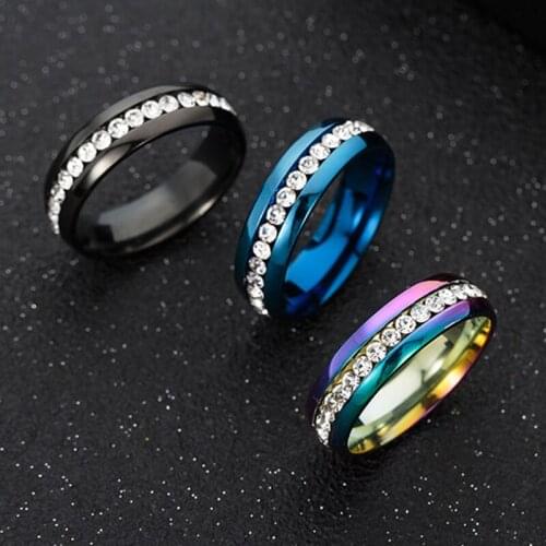 Women Single Row Crystal Fashion Wedding Party Rings Jewelry Wholesale Gift Black and Silver Color Stainless Steel Rings