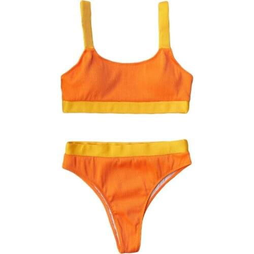Quanss 2021 New Summer High Waist Two Piece Swinsuit Womens Bandeau Ribbed Bikini Sexy Swimwear Beachwear Swim Bathing Suit