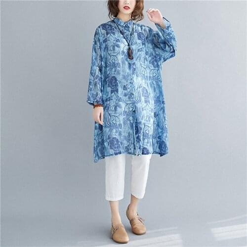 Spring 2021 Elegant Pattern Stand-Up Collar Single Breasted Cardigan Shirt Summer Retro Long Ink Print Large Size WomenS Shirts