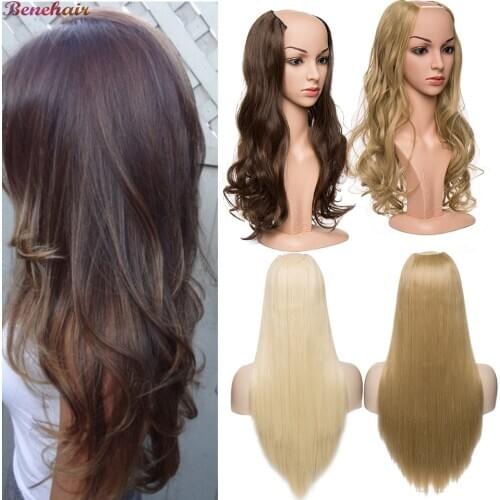 Benehair 24" 26" U Shape Clips Half Wig Long Straight wavy curly fake Hair Extension Synthetic Natural Hairpiece For Women