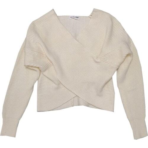 Ins CHIC Korean Elegant Womens Crossover V-neck Knitted Sweater Long Sleeves Top Ladies Casual Pullover Autumn Winter