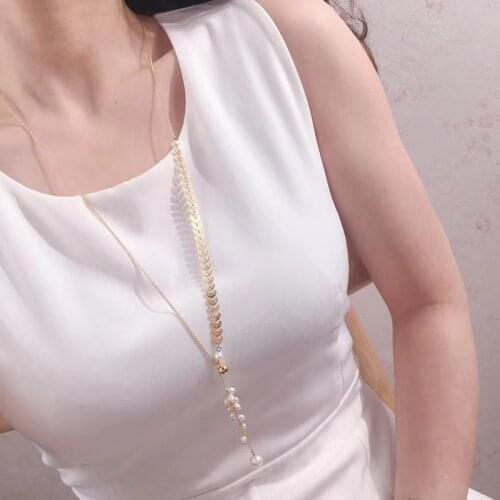 Free shipping lady hot sell wheat ears design elegant long body necklace with natural real pearl high quality jewelry wedding