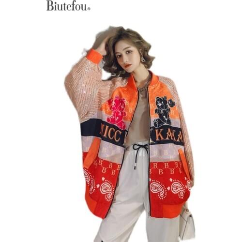 2021 Spring Women Long Sequins Print Patchwork Loose Coat