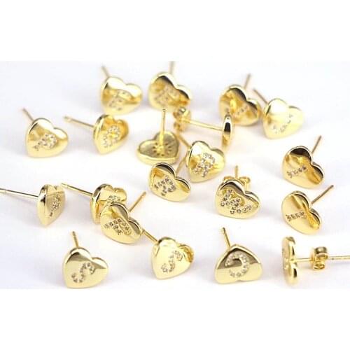 12Pair Gold Filled 26 Letters Alphabets Heart Earrings Jewelry Micro Paved CZ Initial Stud Earrings for Girls Women