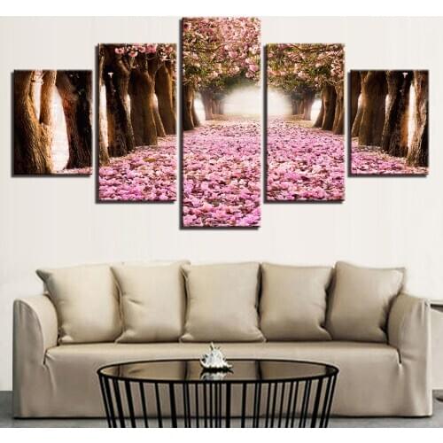 5 Pieces Cherry Blossoms Forest Path Modular Canvas Wall Art Pictures HD Prints Painting Home Decor Flowers Trees Nature Poster