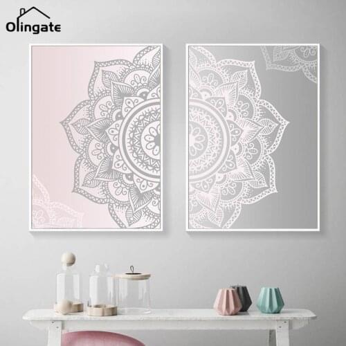 Abstract Pink Gray Bohemia Mandala Round Floral Canvas Poster and Print Paintings Wall Art Pictures for Living Room Home Decor