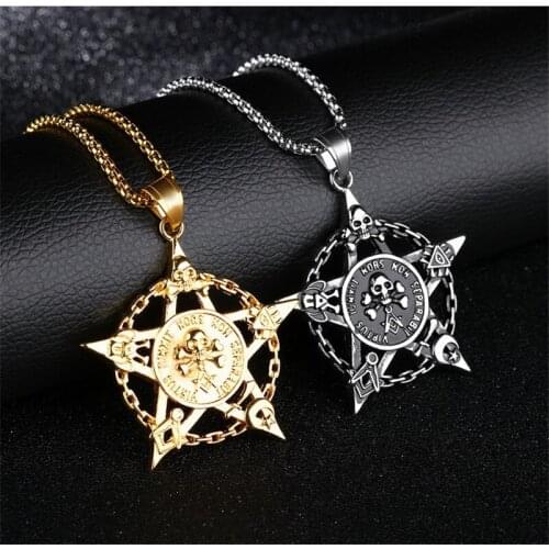 New Fashion Star Pentagram Skull Head Necklace Antique Gold Silver Color Pendant For Women Men Girl Long Chain Necklaces Jewelry