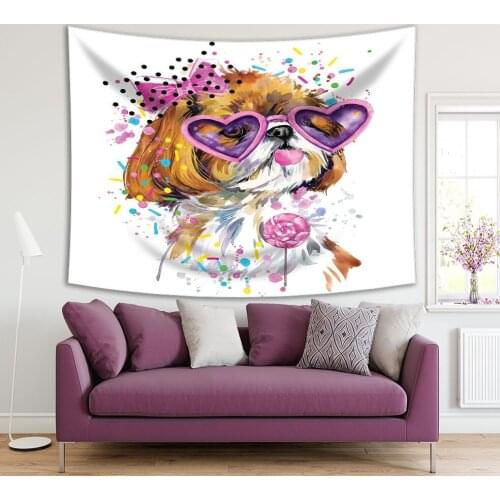 Tapestry Cute Dog with Heart Shaped Sunglasses Bowknot and Candy Puppy Pet Watercolor Art Pink Brown