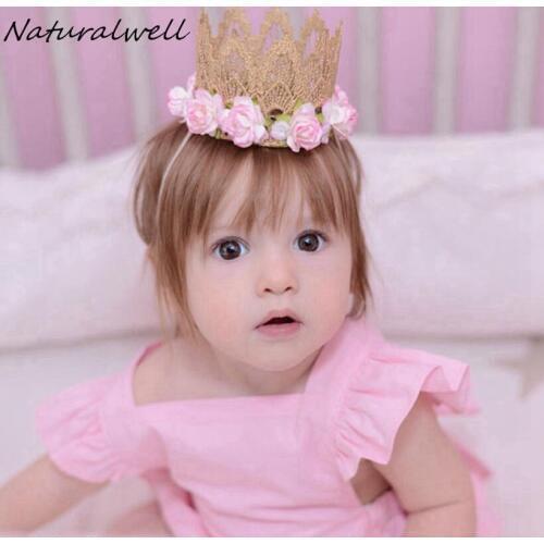 Naturalwell Flower Crown Headband Gold Birthday Crown Flower Tiara Headband Girls Party Headwear Hair Bands Accessories HB220D