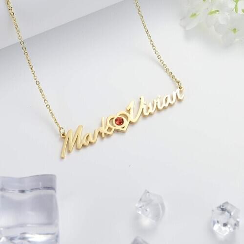 HIYONG Birthday Stone Custom Necklace Personalized Double Name Necklace Stainless Steel Letter Neckalces Couple Jewelry Gifts