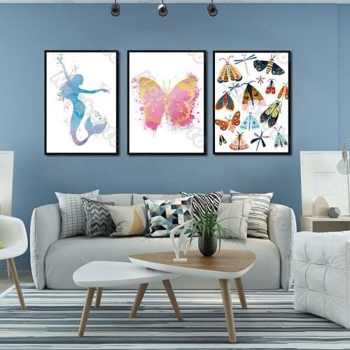 Modern Style Canvas Painting Poster and Print Mermaid Butterflies Specimen Cartoon Little Yellow Duck for Home Rooms Wall Decora